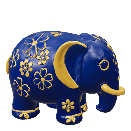 Gajah yang sama dengan warna biru tua dan motif emas