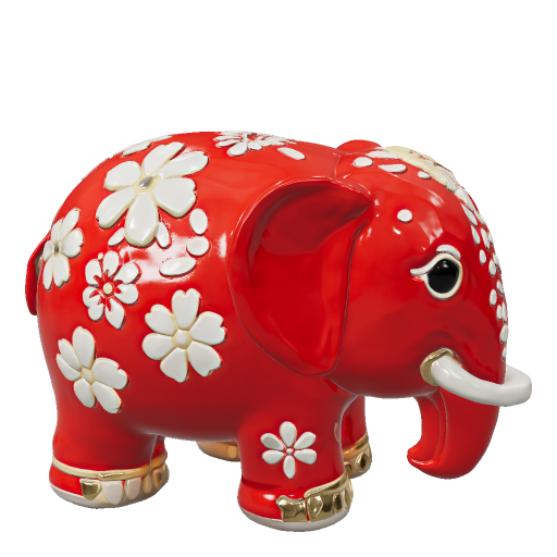 Patung gajah keramik merah bermotif bunga putih dengan aksen emas